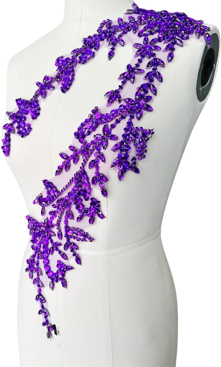 PLune Handmade Shining Acrylic Rhinestones on lace Applique Sewing Beads Stones Trim Patches Accessories for Wedding Dress (Purple) - Image 3